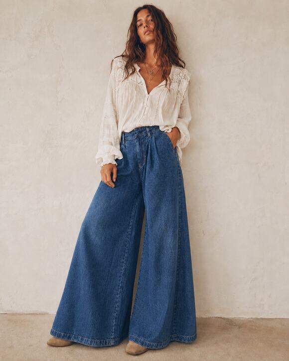 Free People Denim - Free People Equinox Denim Trousers Size 28 Wide Leg Jeans Blue Slouchy Pleated